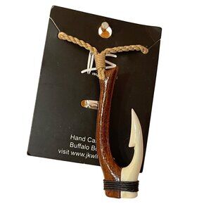 Island Sense Hand Carved Buffalo Bone Fish Hook Pendant Necklace Adjustable Cord